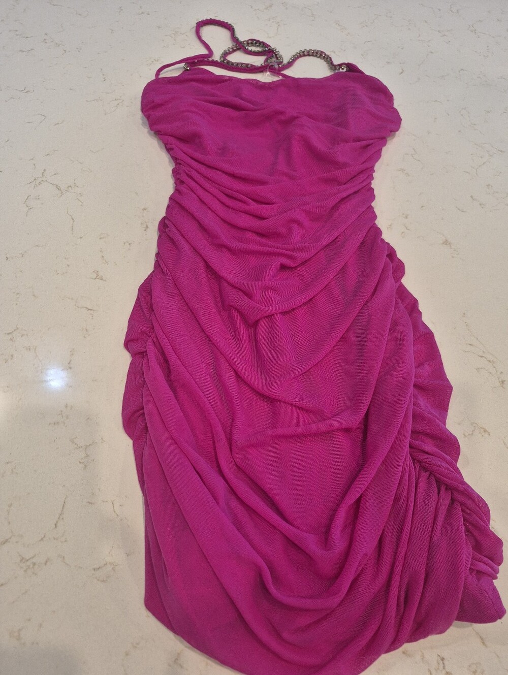 privy Strapless Ruched Hot Pink Cocktail Dress with Chain Detail